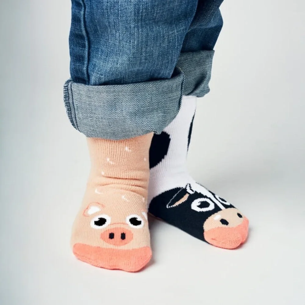 Pals Socks | Cow & Pig Mismatched Non-Slip Kids Socks